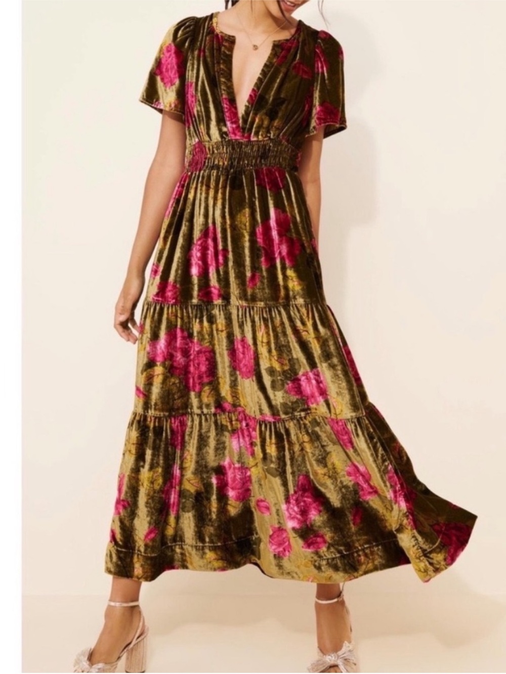 Anthropologie The Somerset Maxi Dress: Velvet Edition Green Floral XS EUC
